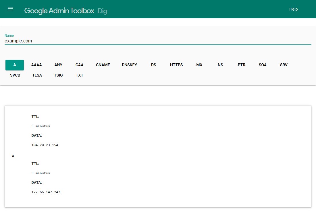 Google Admin Toolbox Dig, with example.com entered and A selected. The results show two A records, each with a TTL of 5 minutes and an IPv4 address.