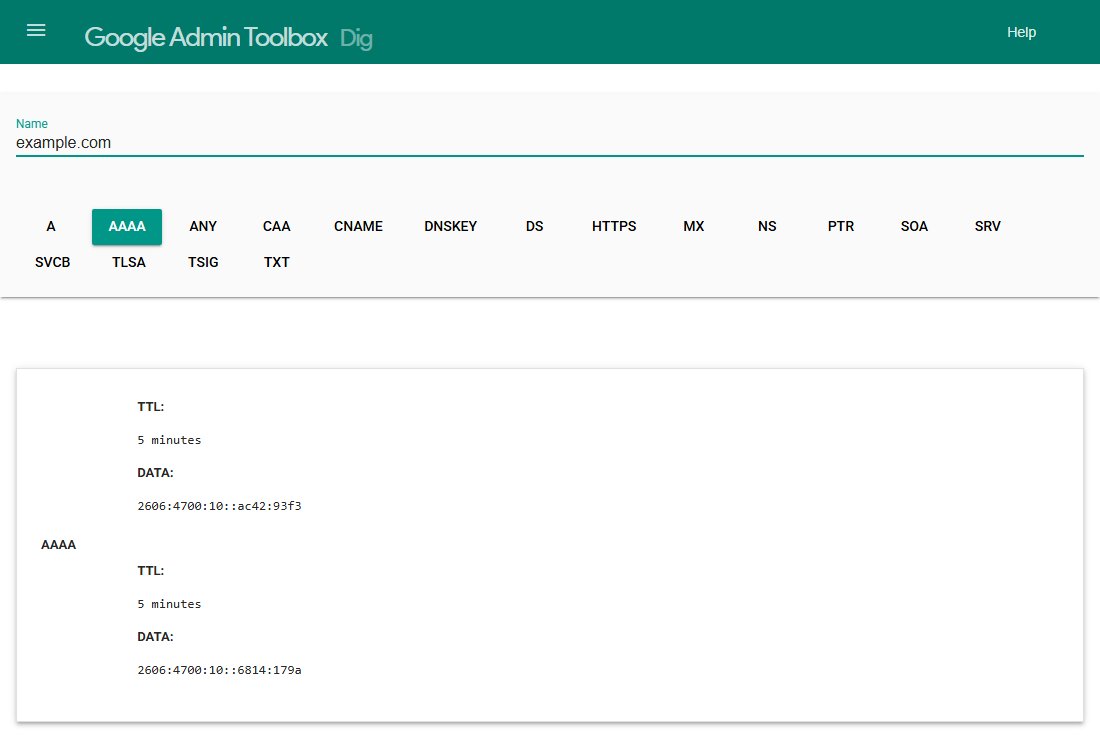 Google Admin Toolbox Dig, with example.com entered and AAAA selected. The results show two AAAA records, each with a TTL of 5 minutes and an IPv6 address.