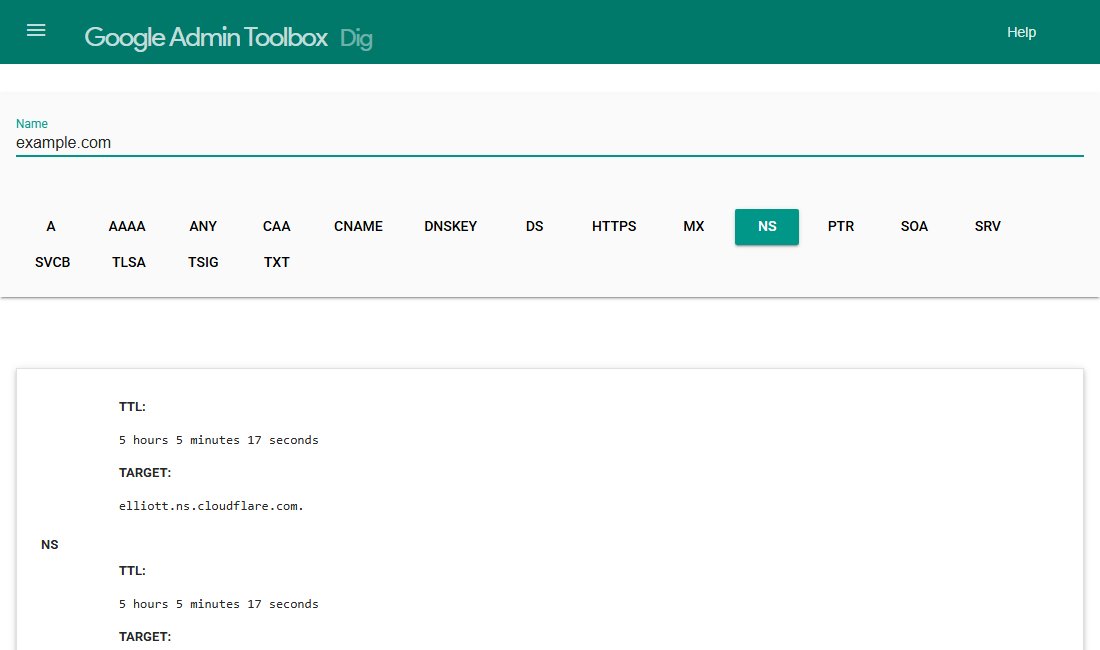 Google Admin Toolbox Dig, with example.com entered and NS selected. The results show nameserver names under the TARGET heading, each with a TTL.