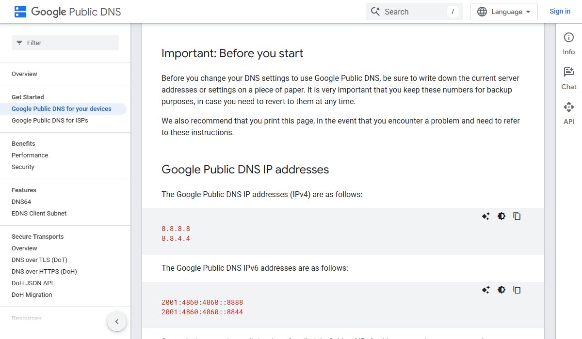 Google Public DNS setup page, showing the IPv4 addresses 8.8.8.8 and 8.8.4.4 and the IPv6 addresses 2001:4860:4860::8888 and 2001:4860:4860::8844.