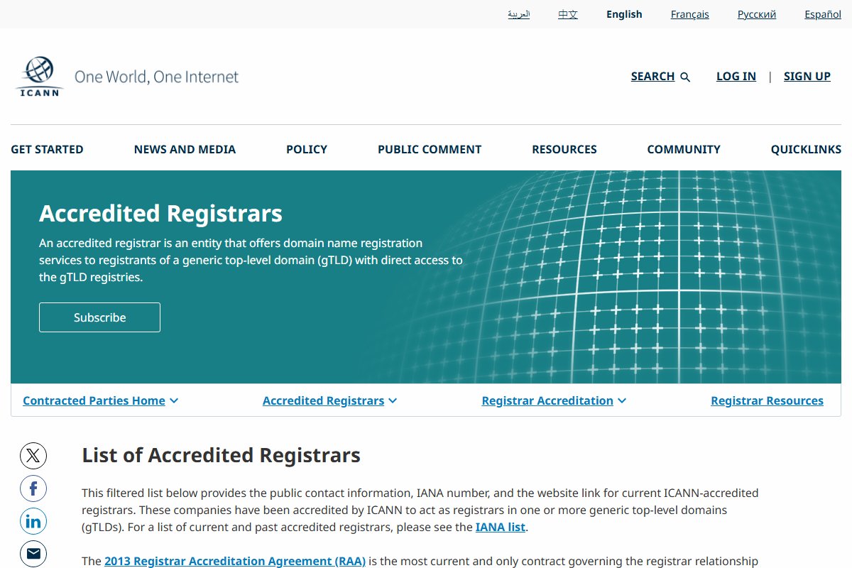 ICANN's Accredited Registrars page. It defines an accredited registrar as an entity that offers domain registration with direct access to the gTLD registries, above the start of the list of accredited registrars.