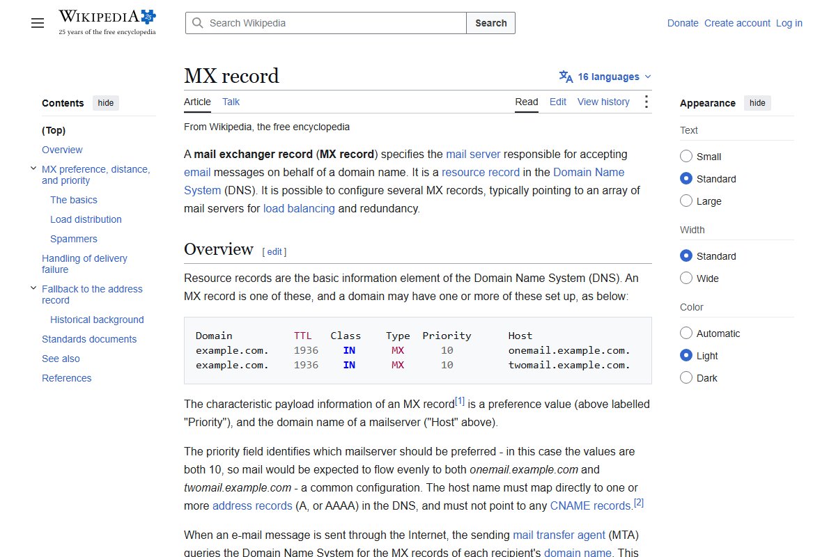 Wikipedia's MX record article, showing a table with two MX records for example.com, both with priority 10, pointing to onemail.example.com and twomail.example.com.